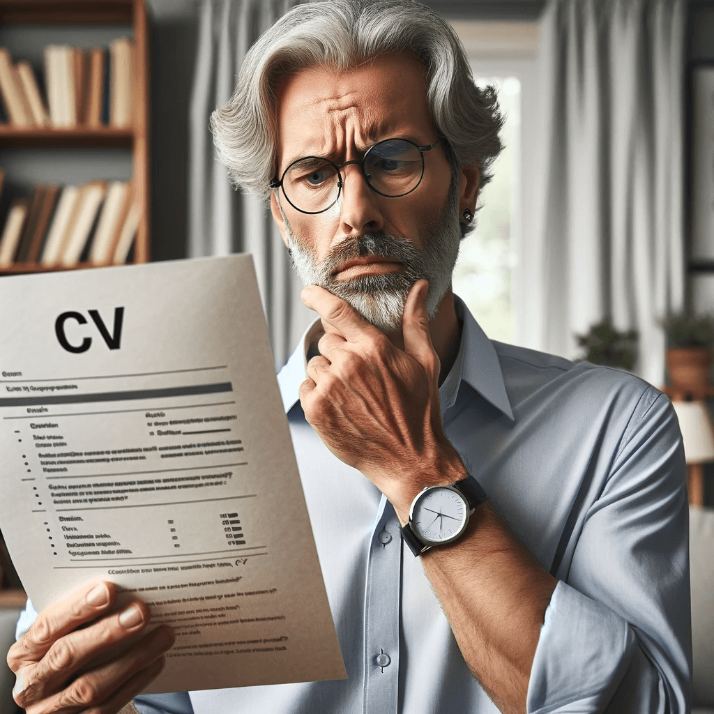 man in his 50s looking confused at his CV